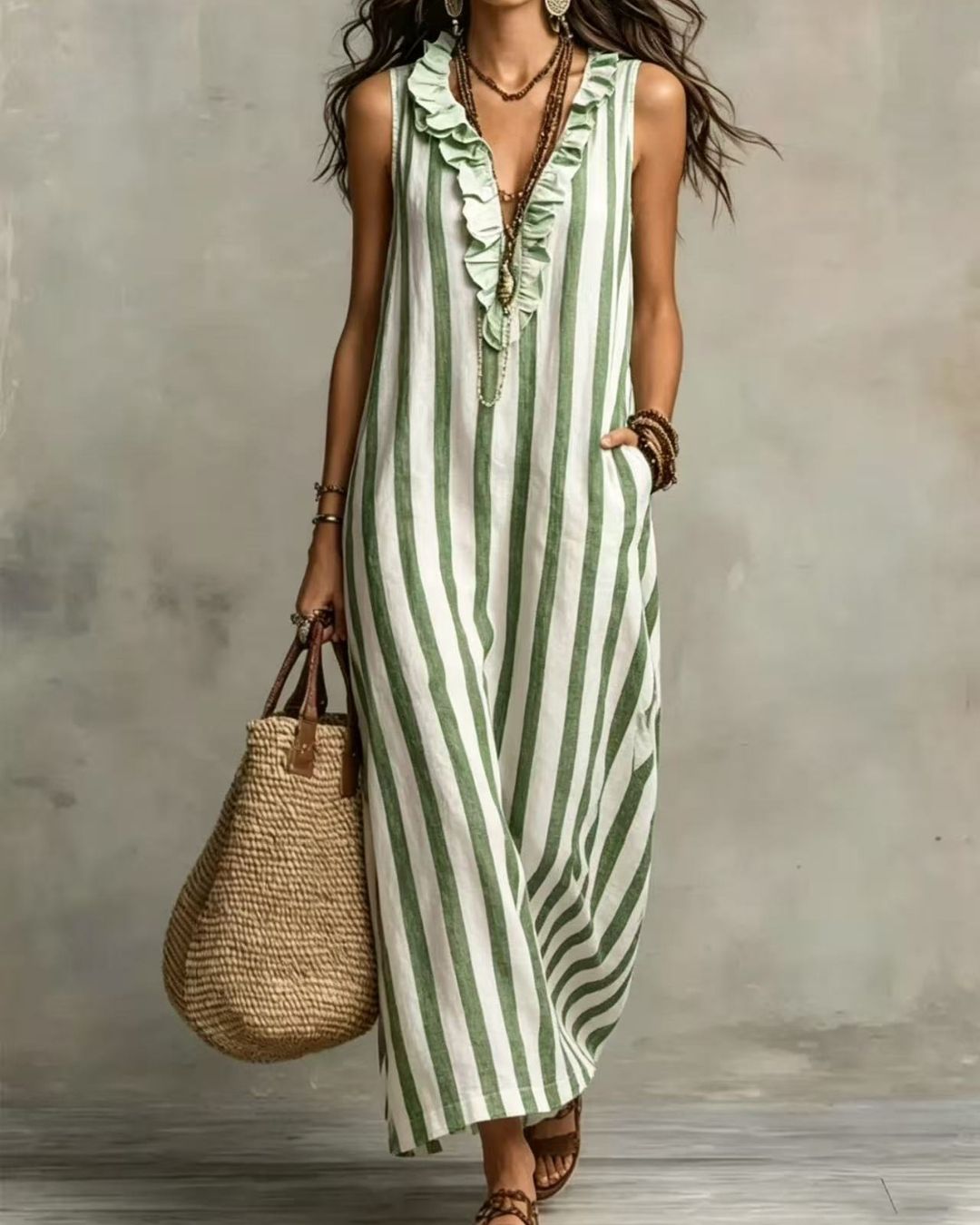 Stripe Ruffle V-Neck Pocket Dress