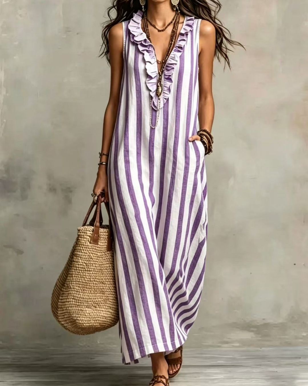 Stripe Ruffle V-Neck Pocket Dress
