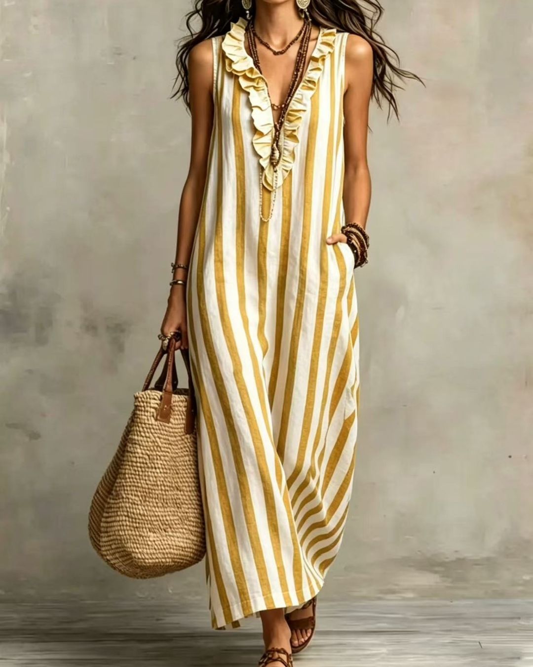 Stripe Ruffle V-Neck Pocket Dress